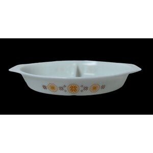 1960s Pyrex Town & Country Cinderella Oval Divided Serving Milk Glass Dish 1.5Qt